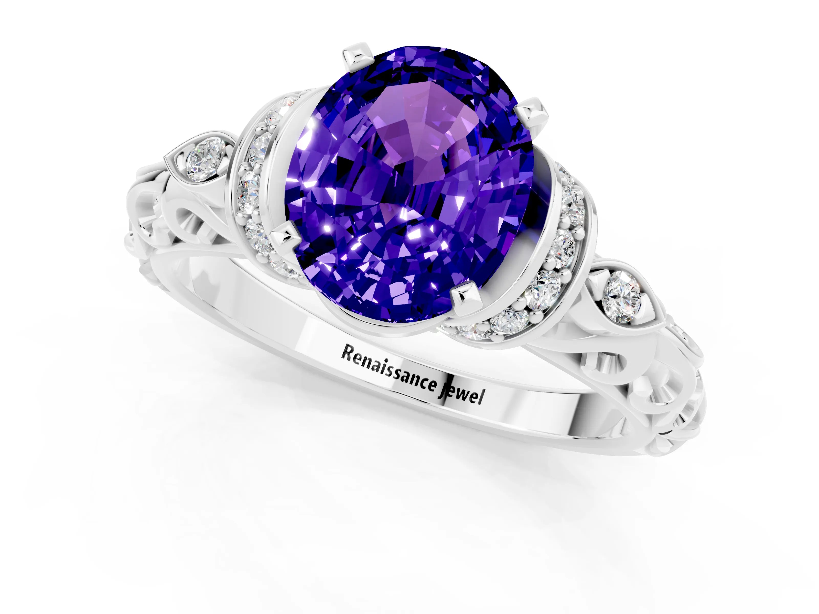 White gold Oval Cut Tanzanite Solitaire Ring with Filigree Band and Four-Prong Setting_25