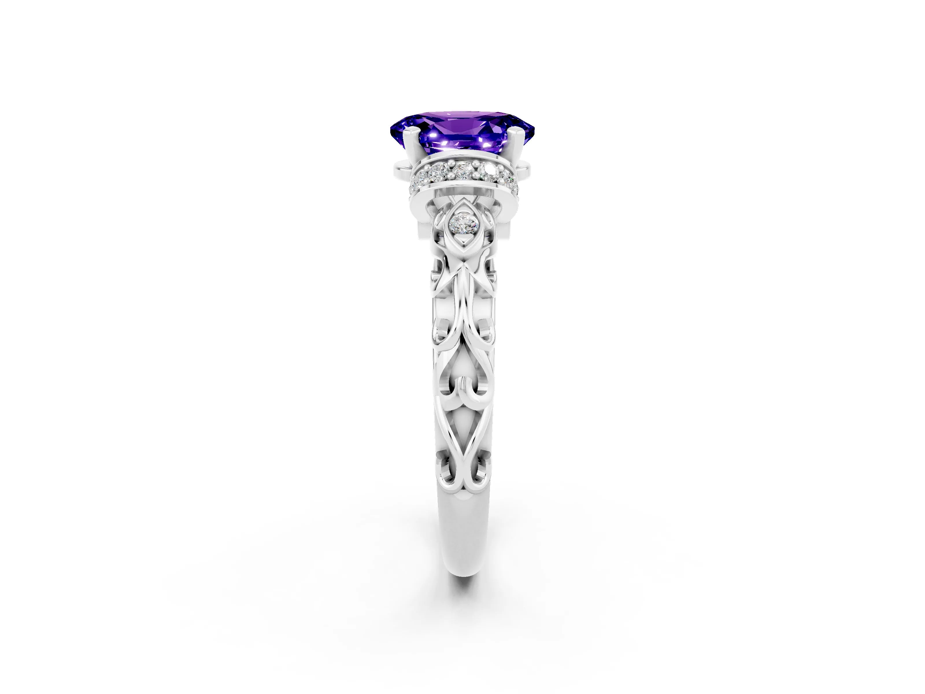 White gold Oval Cut Tanzanite Solitaire Ring with Filigree Band and Four-Prong Setting_26