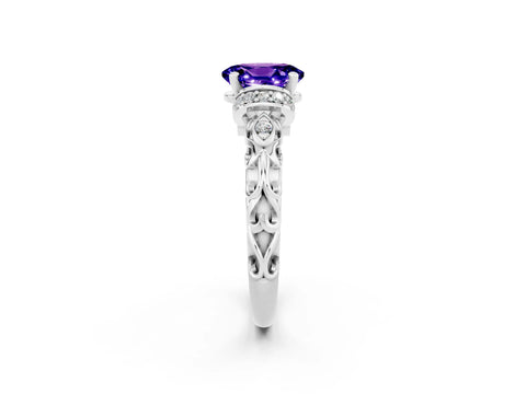 White gold Oval Cut Tanzanite Solitaire Ring with Filigree Band and Four-Prong Setting_26
