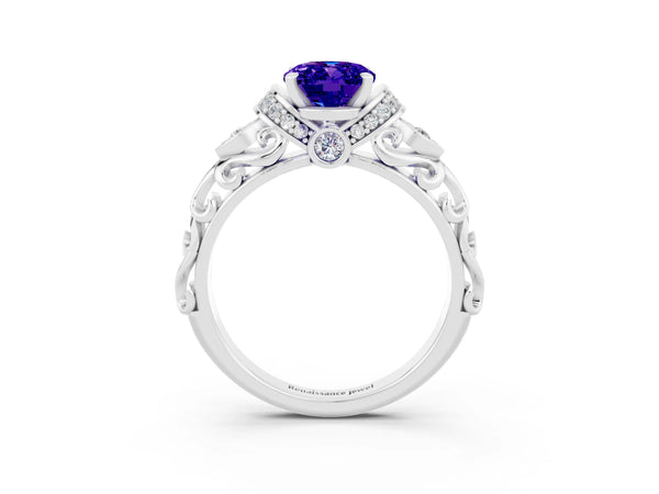 Platinum Oval Cut Tanzanite Solitaire Ring with Filigree Band and Four-Prong Setting