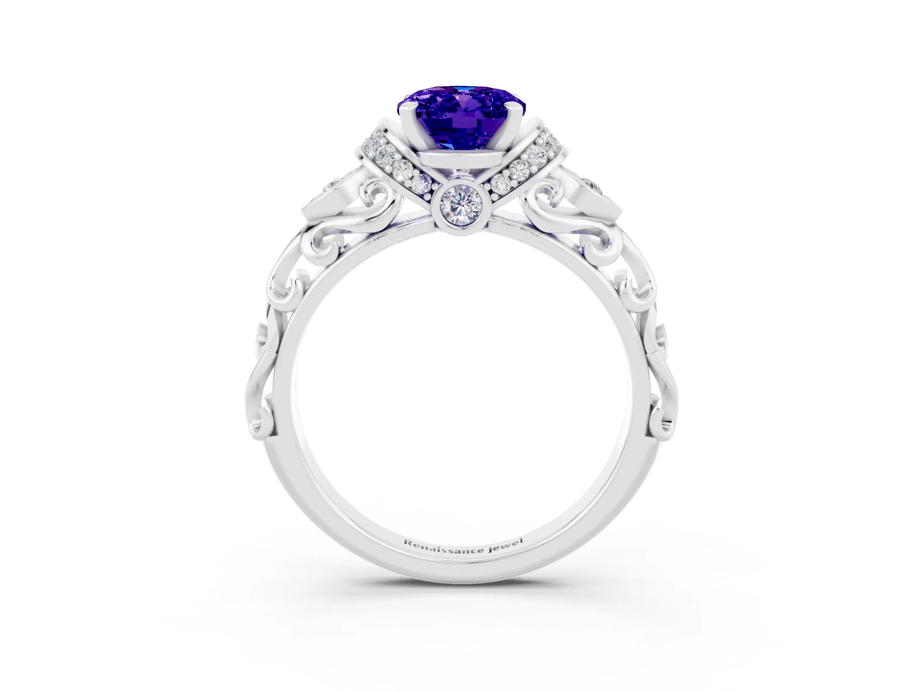 White gold Oval Cut Tanzanite Solitaire Ring with Filigree Band and Four-Prong Setting_27