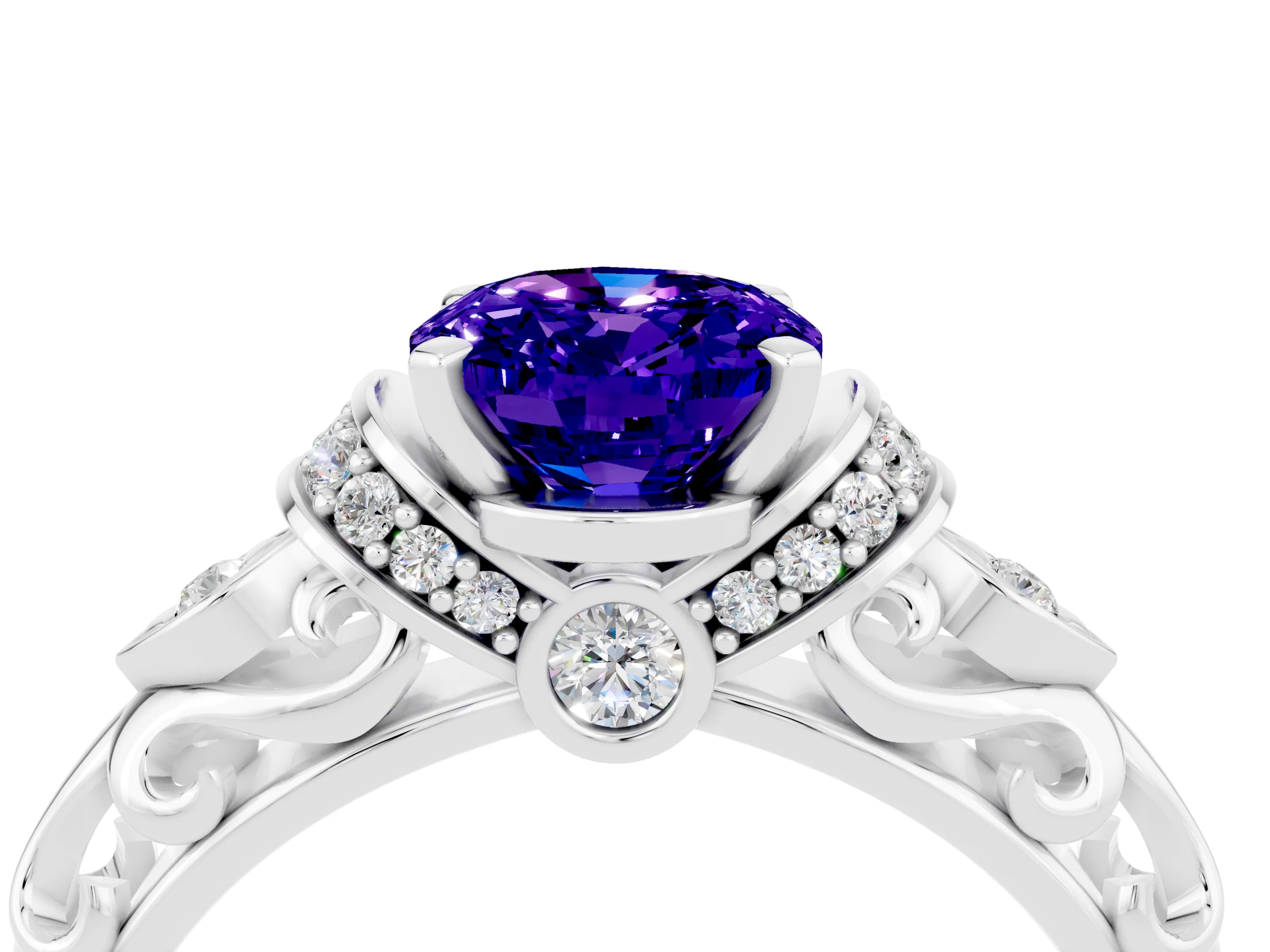 White gold Oval Cut Tanzanite Solitaire Ring with Filigree Band and Four-Prong Setting_28