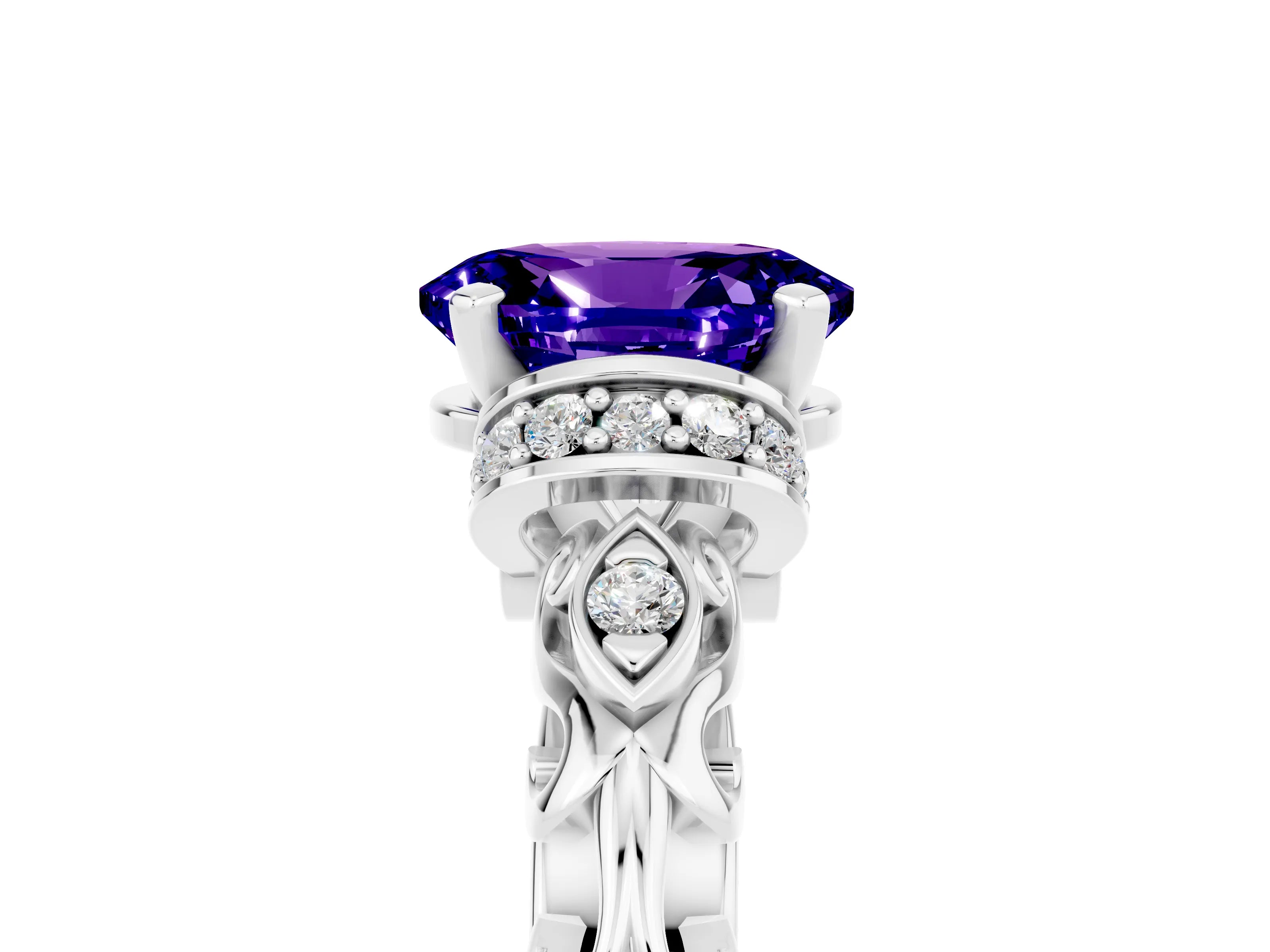 White gold Oval Cut Tanzanite Solitaire Ring with Filigree Band and Four-Prong Setting_29