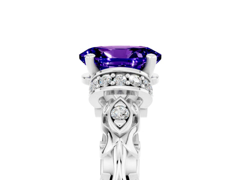 White gold Oval Cut Tanzanite Solitaire Ring with Filigree Band and Four-Prong Setting_29