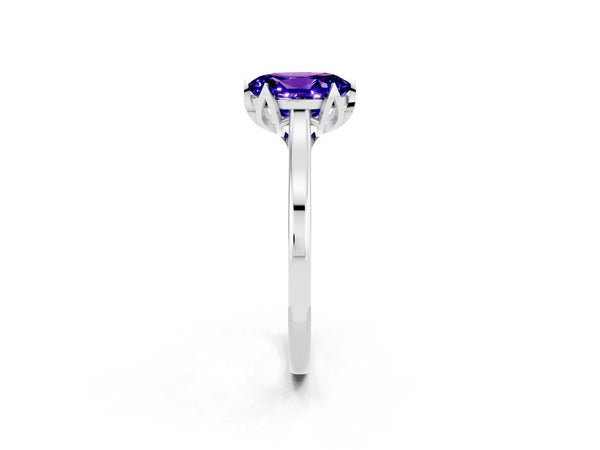 Silver Oval Cut Tanzanite Solitaire Ring with Flower Prong Setting and Classic Band