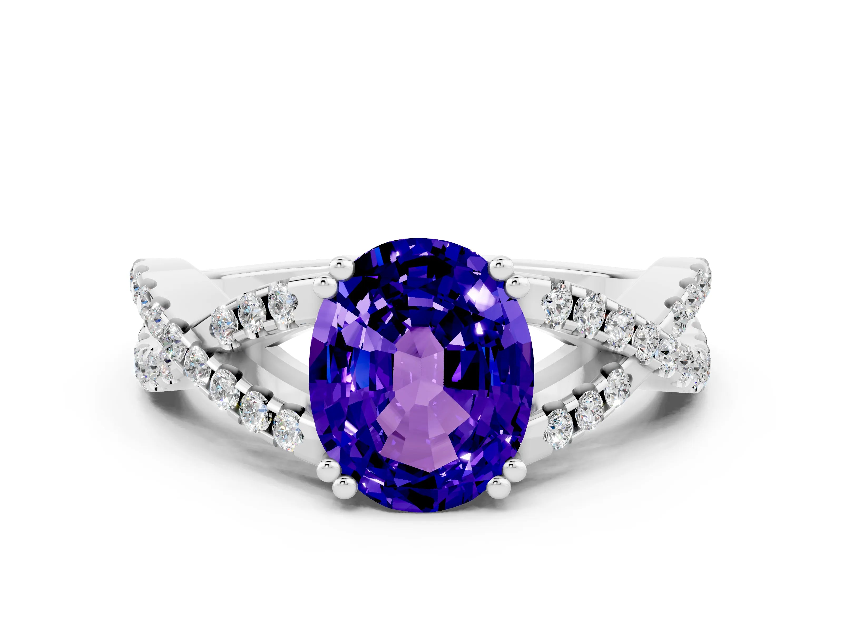 White gold Oval Cut Tanzanite Solitaire Ring with Four-Prong Setting and Twisted Pavé Band