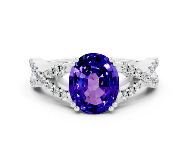 Platinum Oval Cut Tanzanite Solitaire Ring with Four-Prong Setting and Twisted Pavé Band