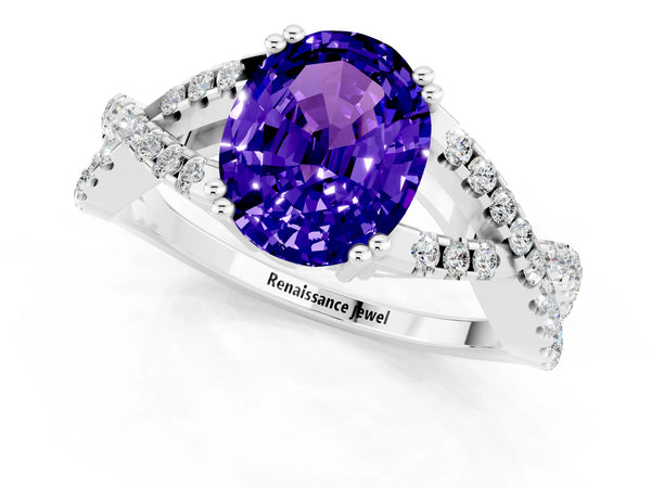 Platinum Oval Cut Tanzanite Solitaire Ring with Four-Prong Setting and Twisted Pavé Band