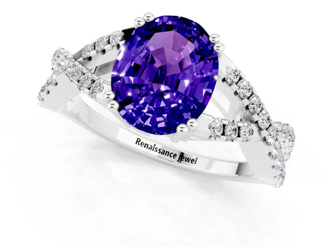 White gold Oval Cut Tanzanite Solitaire Ring with Four-Prong Setting and Twisted Pavé Band_1