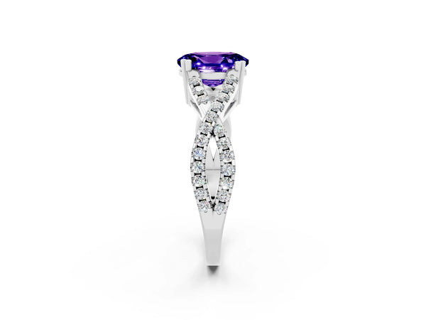 Platinum Oval Cut Tanzanite Solitaire Ring with Four-Prong Setting and Twisted Pavé Band