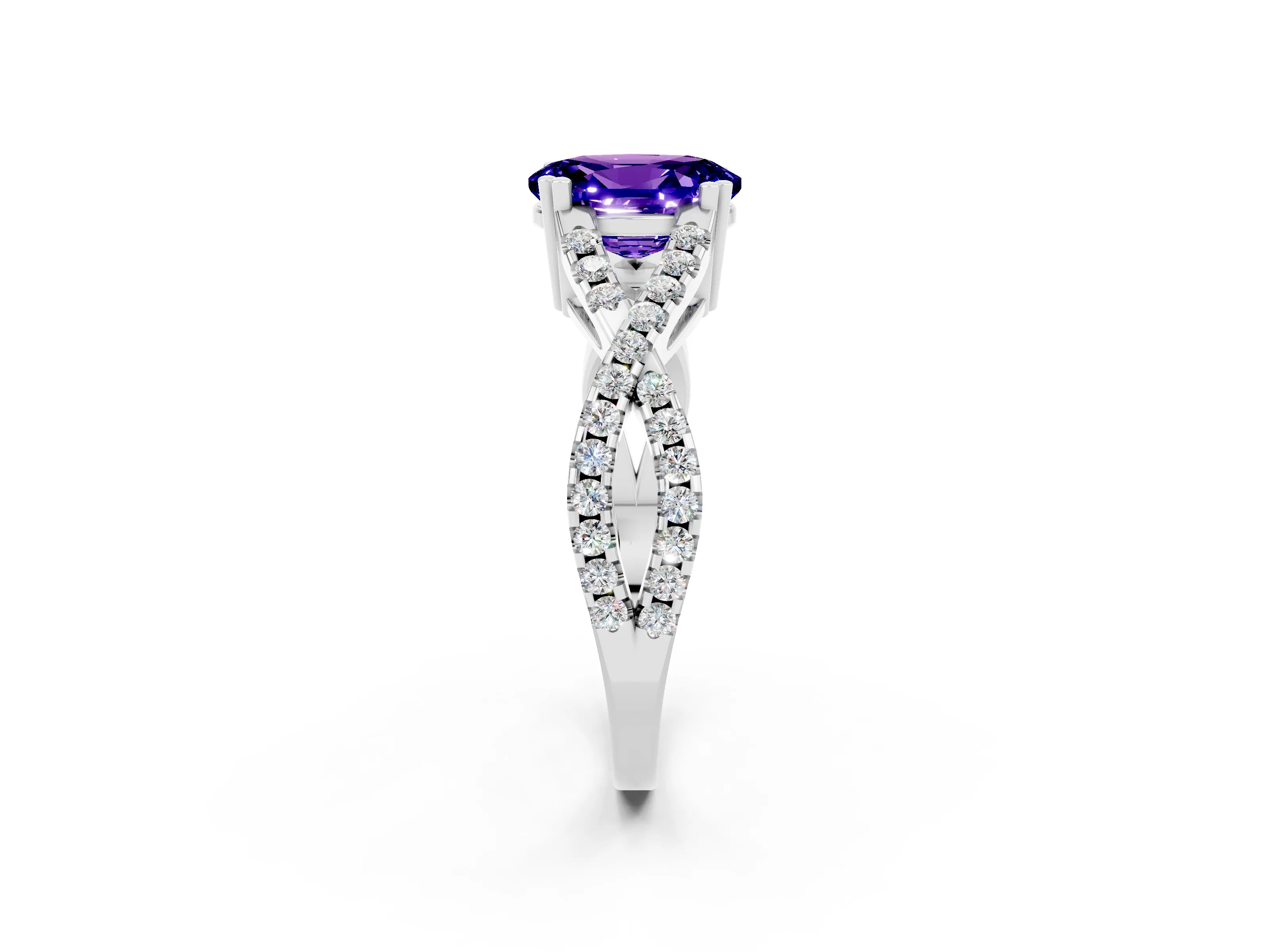 White gold Oval Cut Tanzanite Solitaire Ring with Four-Prong Setting and Twisted Pavé Band_2