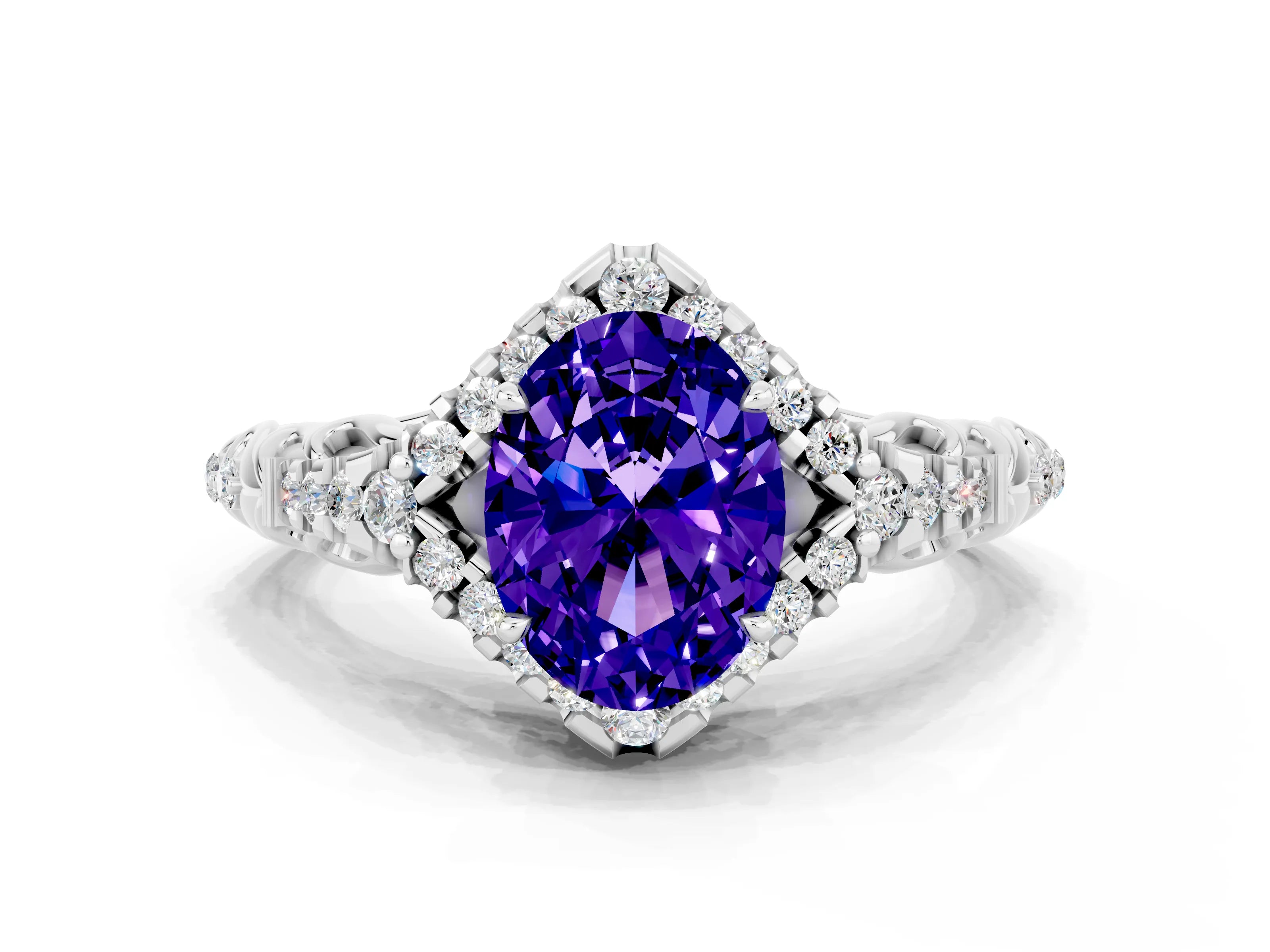 White gold Oval Cut Tanzanite Solitaire Ring with Hidden Halo and Pavé Band_12