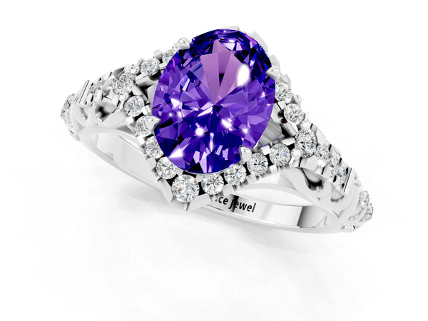 White gold Oval Cut Tanzanite Solitaire Ring with Hidden Halo and Pavé Band