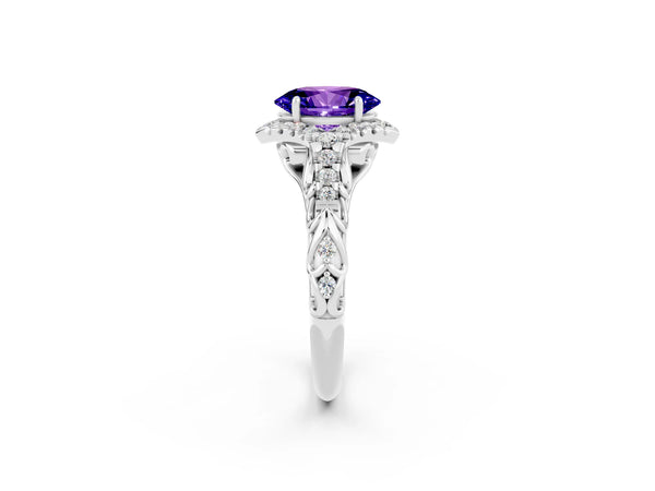 White gold Oval Cut Tanzanite Solitaire Ring with Hidden Halo and Pavé Band