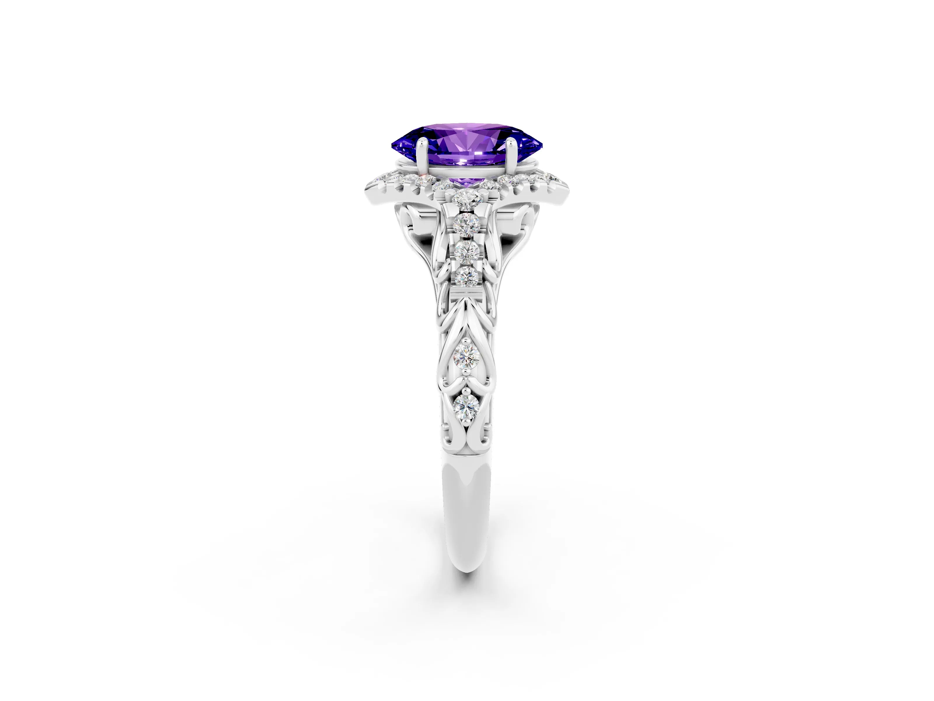 White gold Oval Cut Tanzanite Solitaire Ring with Hidden Halo and Pavé Band_14