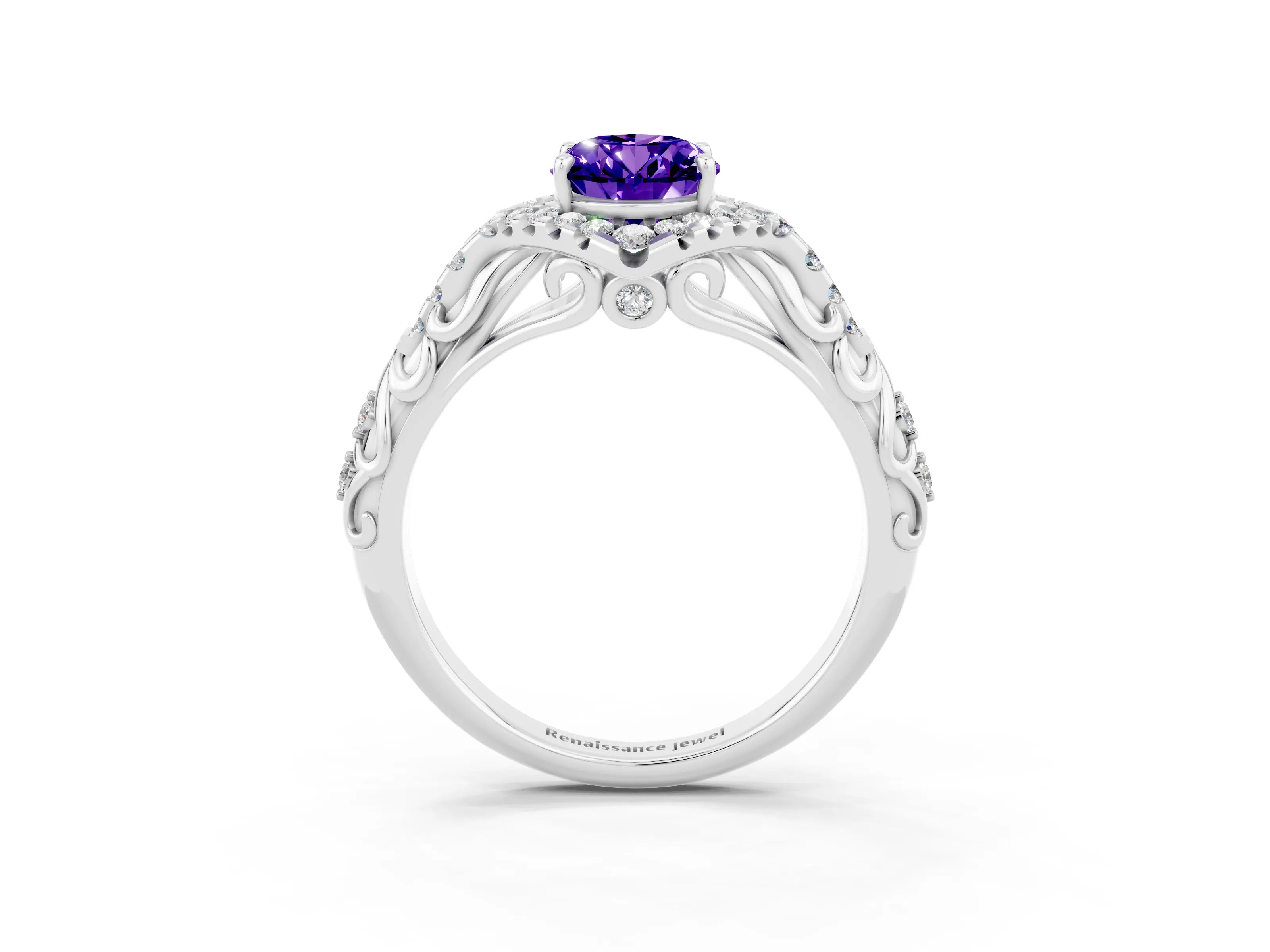 White gold Oval Cut Tanzanite Solitaire Ring with Hidden Halo and Pavé Band_15
