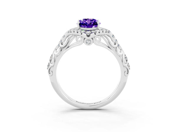 White gold Oval Cut Tanzanite Solitaire Ring with Hidden Halo and Pavé Band
