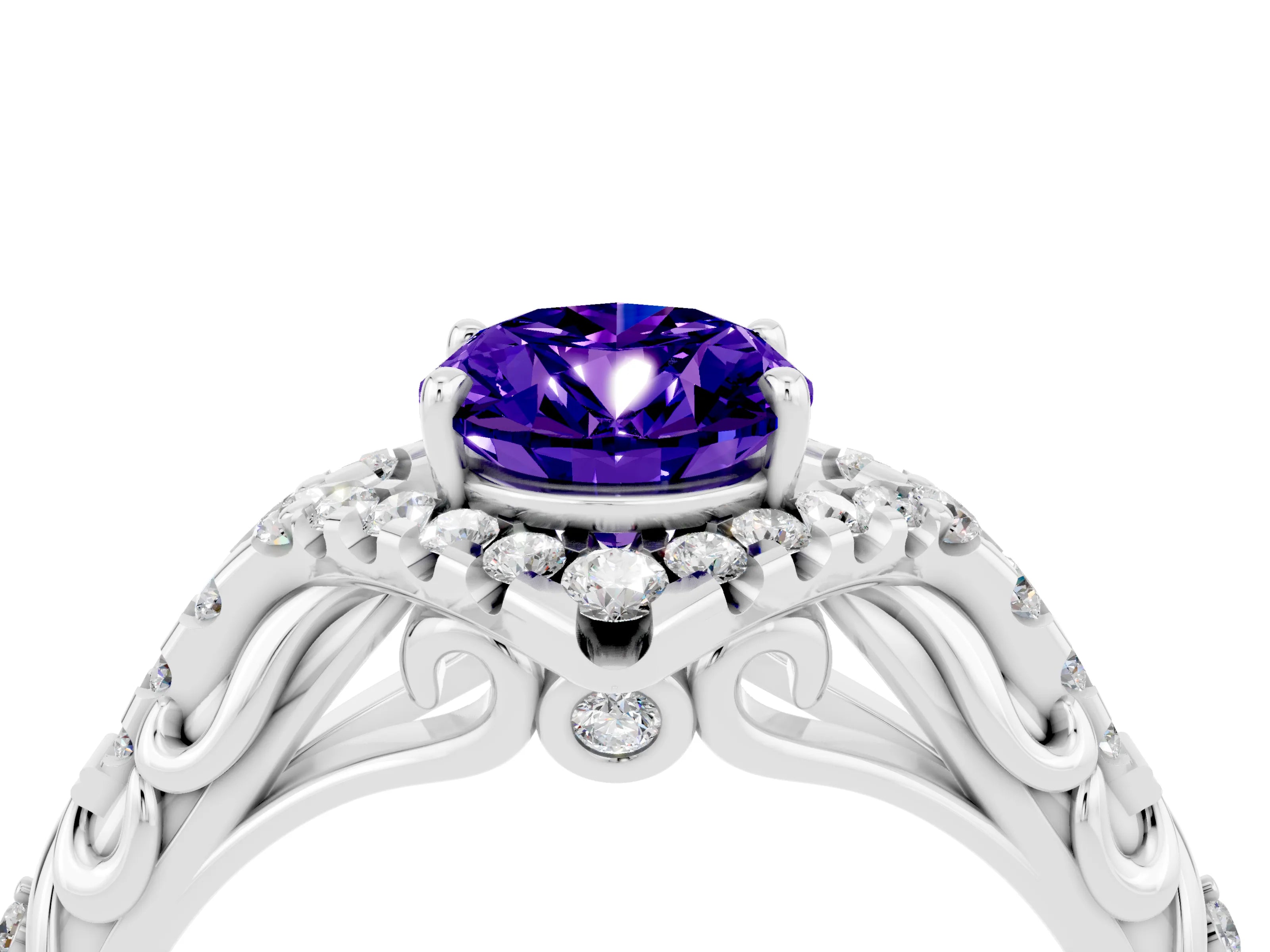 White gold Oval Cut Tanzanite Solitaire Ring with Hidden Halo and Pavé Band_16