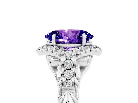 White gold Oval Cut Tanzanite Solitaire Ring with Hidden Halo and Pavé Band_17