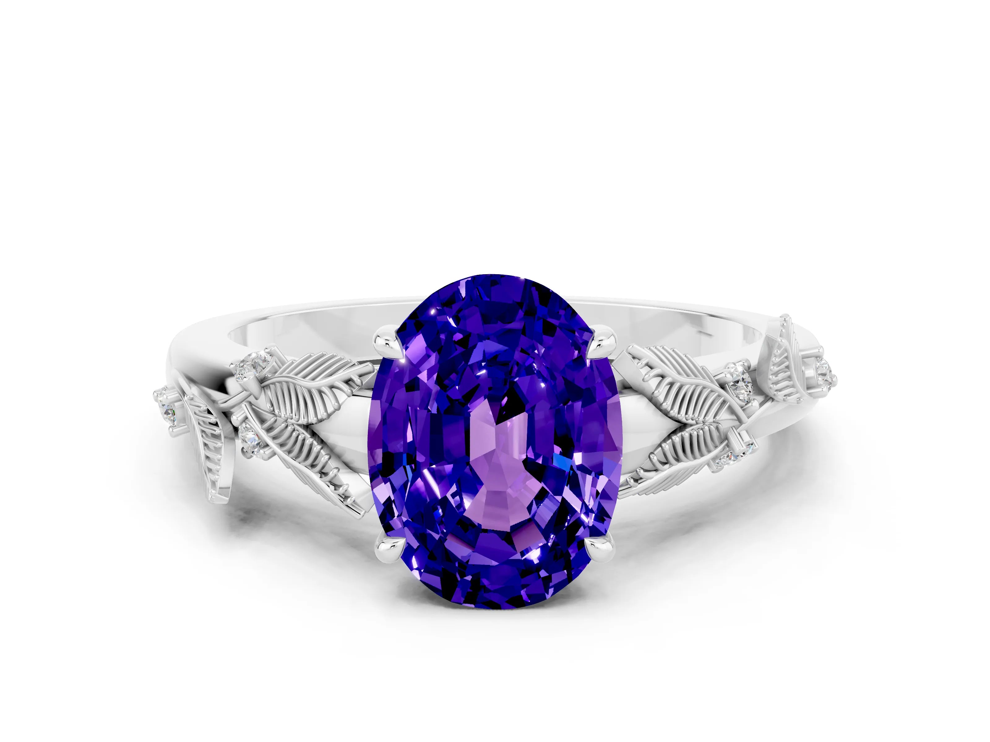 White gold Oval Cut Tanzanite Solitaire Ring with Leaf Motif Band and Four-Prong Setting