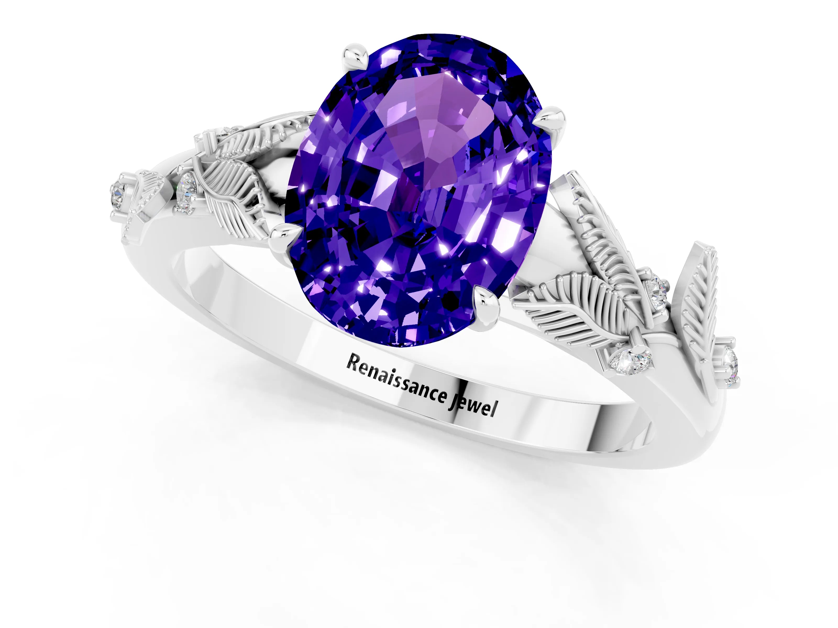 White gold Oval Cut Tanzanite Solitaire Ring with Leaf Motif Band and Four-Prong Setting_13