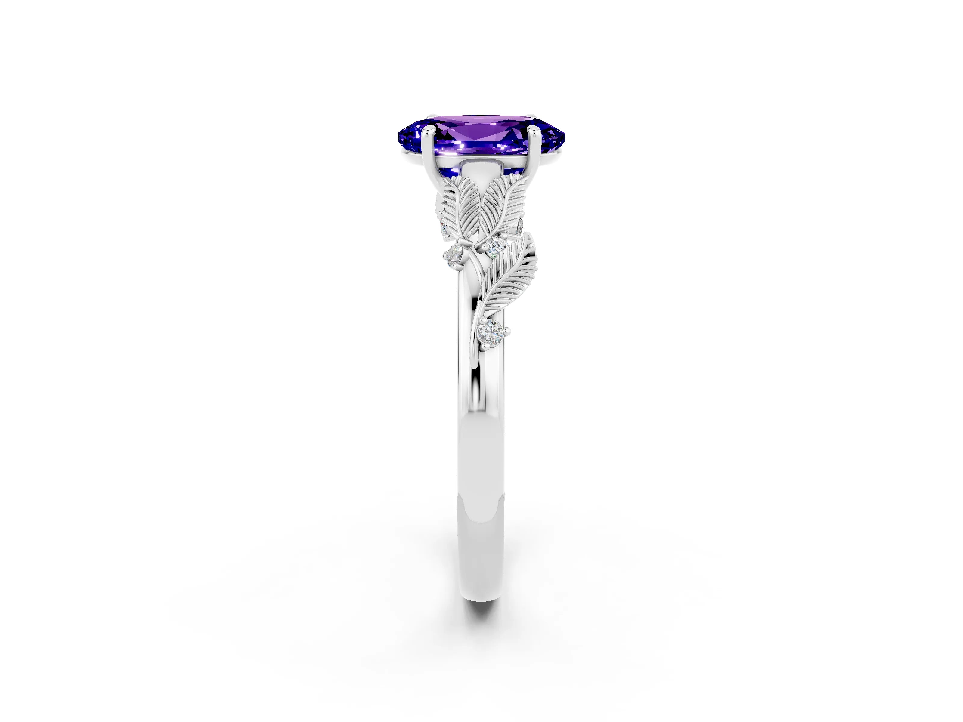 White gold Oval Cut Tanzanite Solitaire Ring with Leaf Motif Band and Four-Prong Setting_14