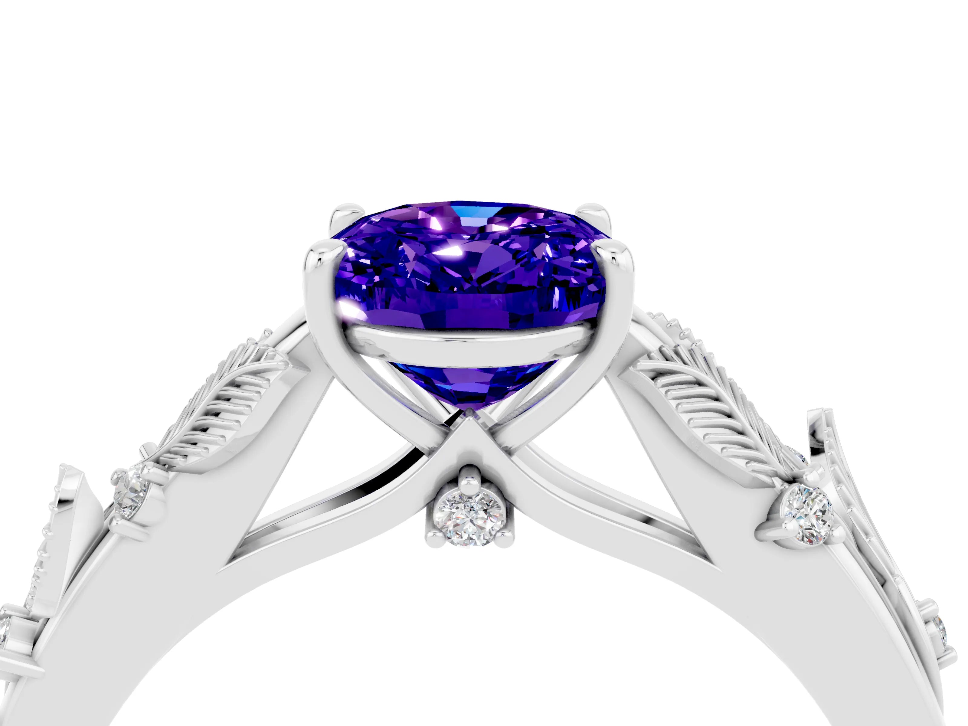 White gold Oval Cut Tanzanite Solitaire Ring with Leaf Motif Band and Four-Prong Setting_16