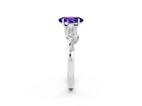 White gold Oval Cut Tanzanite Solitaire Ring with Leaf Motif Band and Four-Prong Setting_2