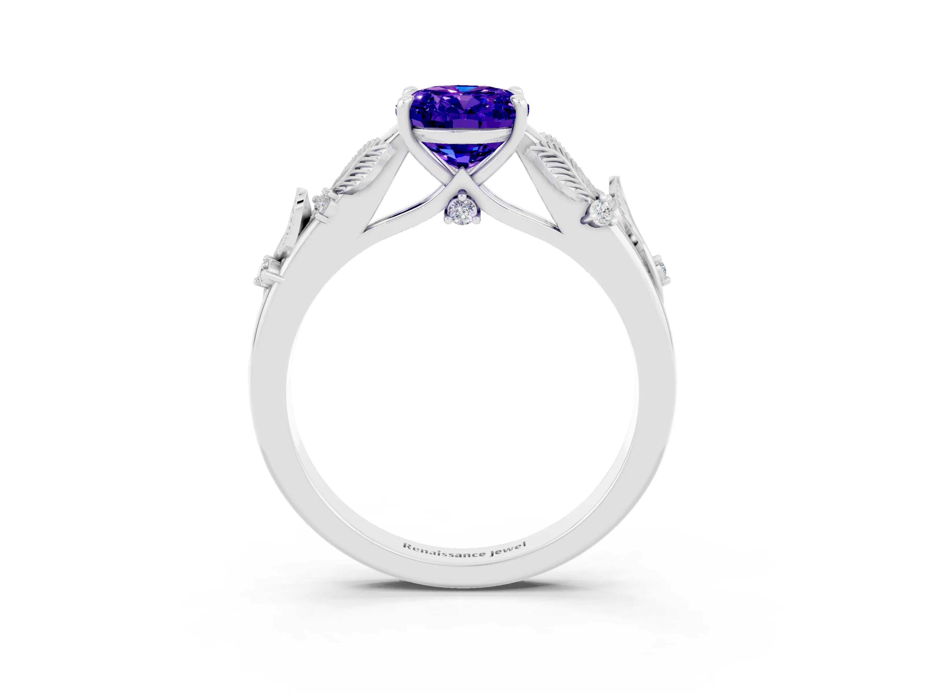 White gold Oval Cut Tanzanite Solitaire Ring with Leaf Motif Band and Four-Prong Setting_3