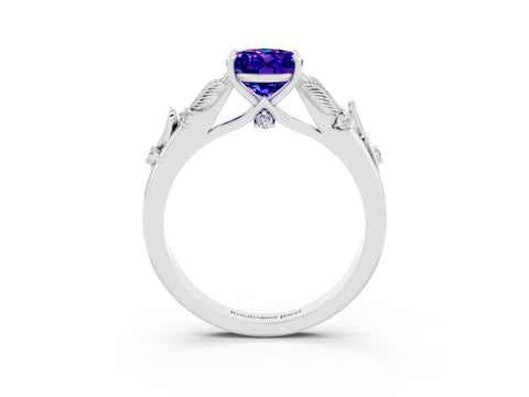 White gold Oval Cut Tanzanite Solitaire Ring with Leaf Motif Band and Four-Prong Setting_3