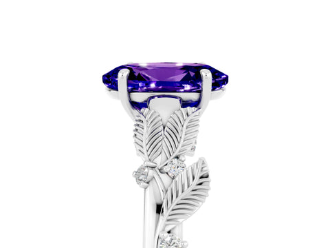 White gold Oval Cut Tanzanite Solitaire Ring with Leaf Motif Band and Four-Prong Setting_5
