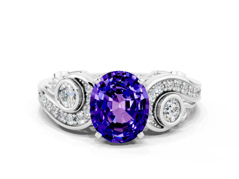 White gold Oval Cut Tanzanite Solitaire Ring with Milgrain Pavé Band and Four-Prong Setting_12