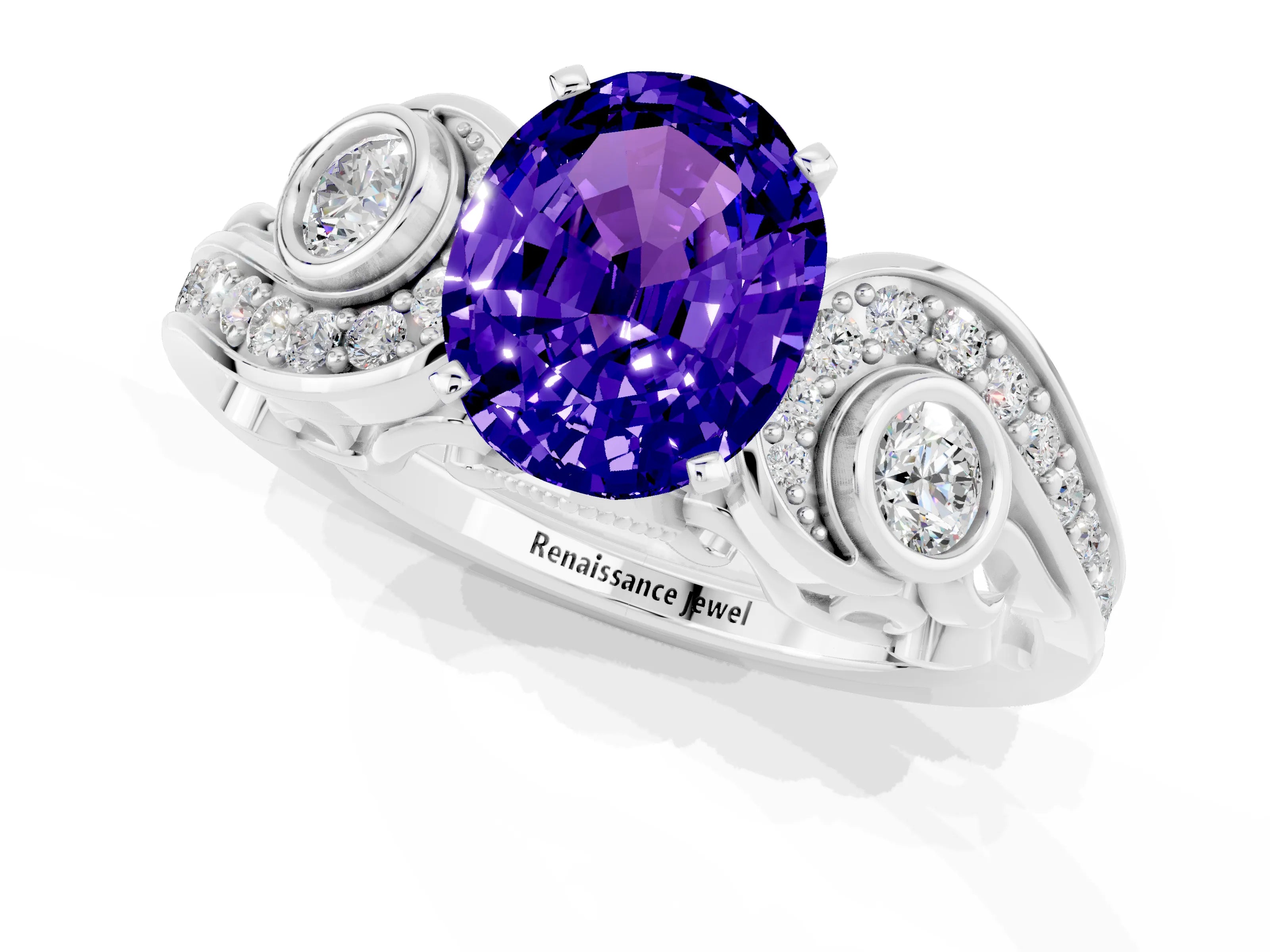 White gold Oval Cut Tanzanite Solitaire Ring with Milgrain Pavé Band and Four-Prong Setting_13