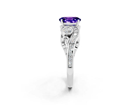 White gold Oval Cut Tanzanite Solitaire Ring with Milgrain Pavé Band and Four-Prong Setting_14