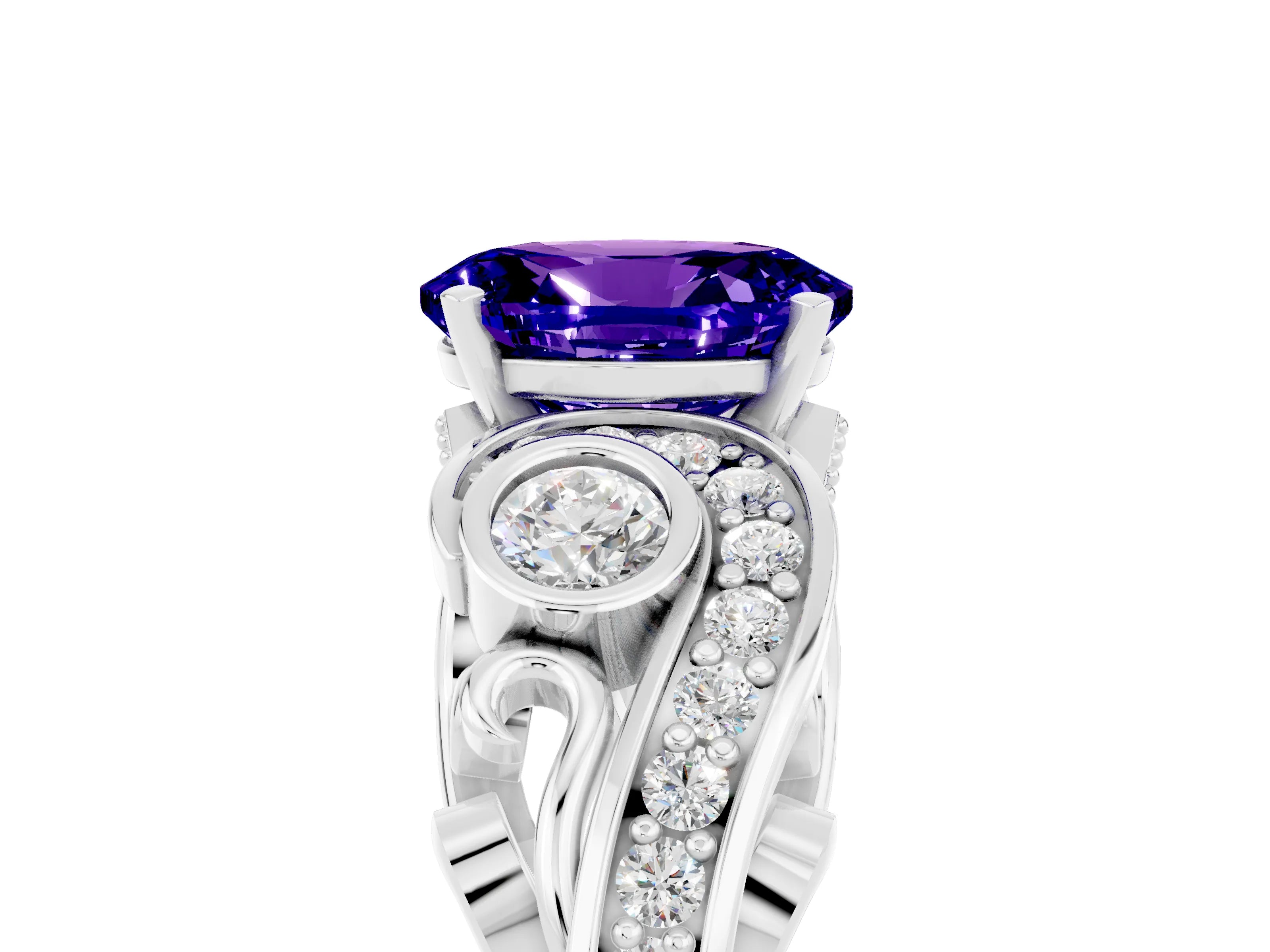 White gold Oval Cut Tanzanite Solitaire Ring with Milgrain Pavé Band and Four-Prong Setting_17