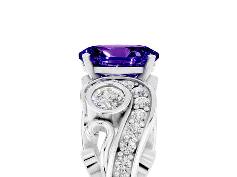 White gold Oval Cut Tanzanite Solitaire Ring with Milgrain Pavé Band and Four-Prong Setting_17