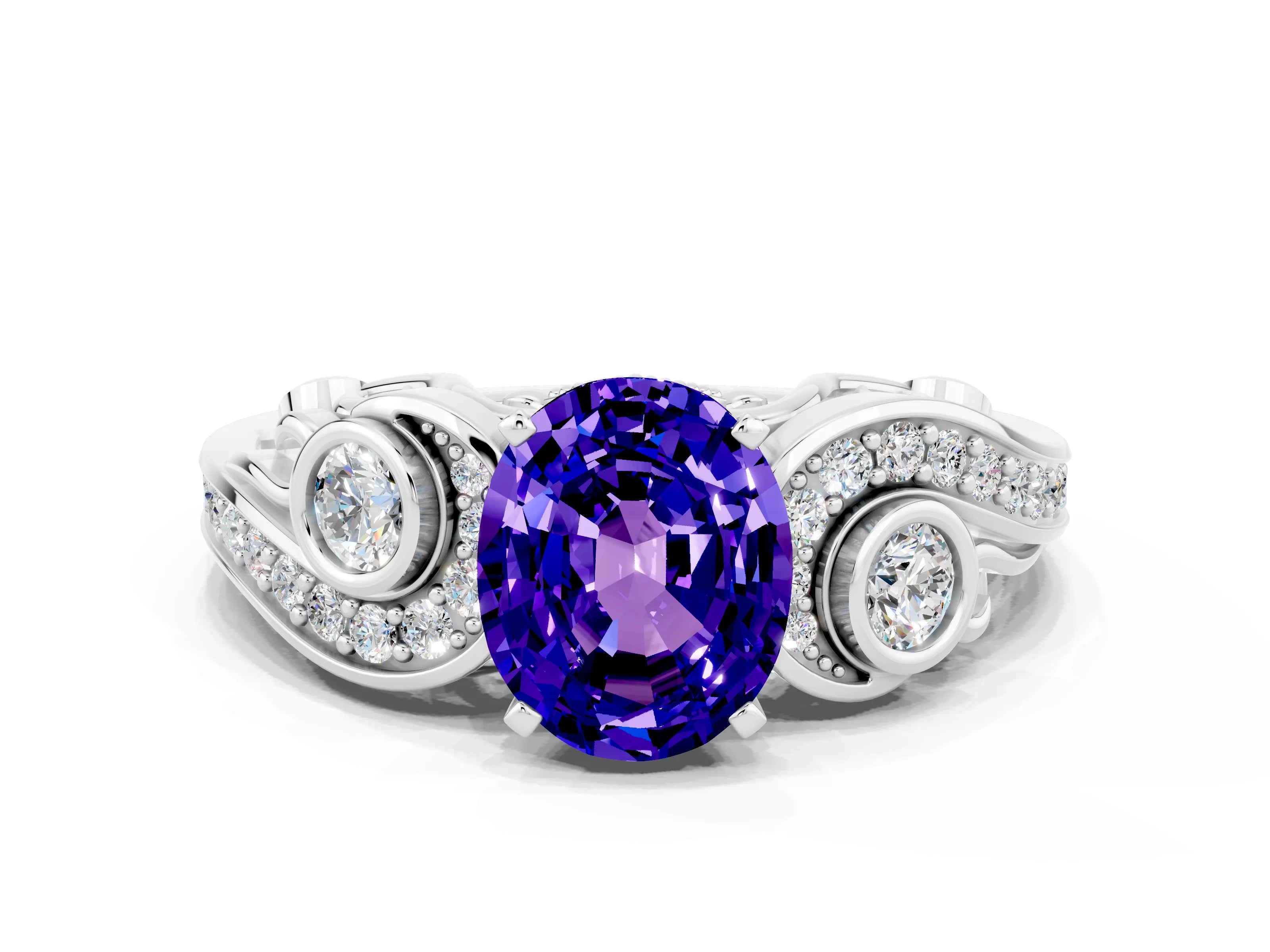 White gold Oval Cut Tanzanite Solitaire Ring with Milgrain Pavé Band and Four-Prong Setting_48