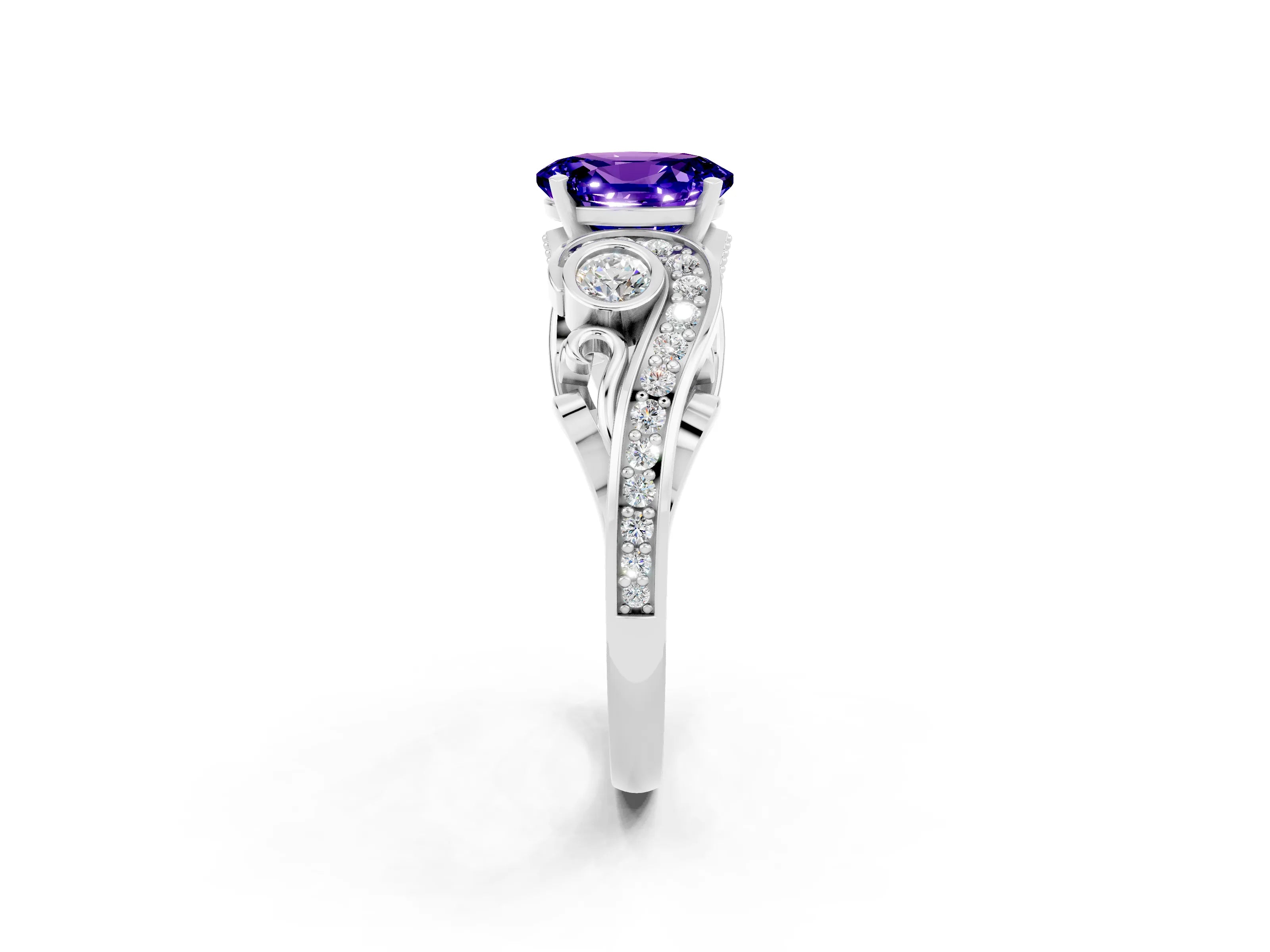 White gold Oval Cut Tanzanite Solitaire Ring with Milgrain Pavé Band and Four-Prong Setting_50