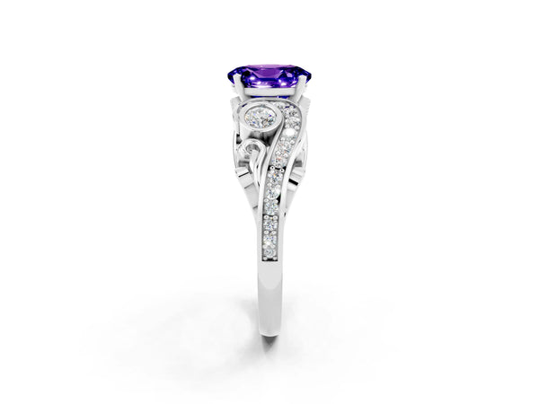 White gold Oval Cut Tanzanite Solitaire Ring with Milgrain Pavé Band and Four-Prong Setting