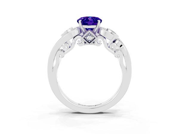 White gold Oval Cut Tanzanite Solitaire Ring with Milgrain Pavé Band and Four-Prong Setting