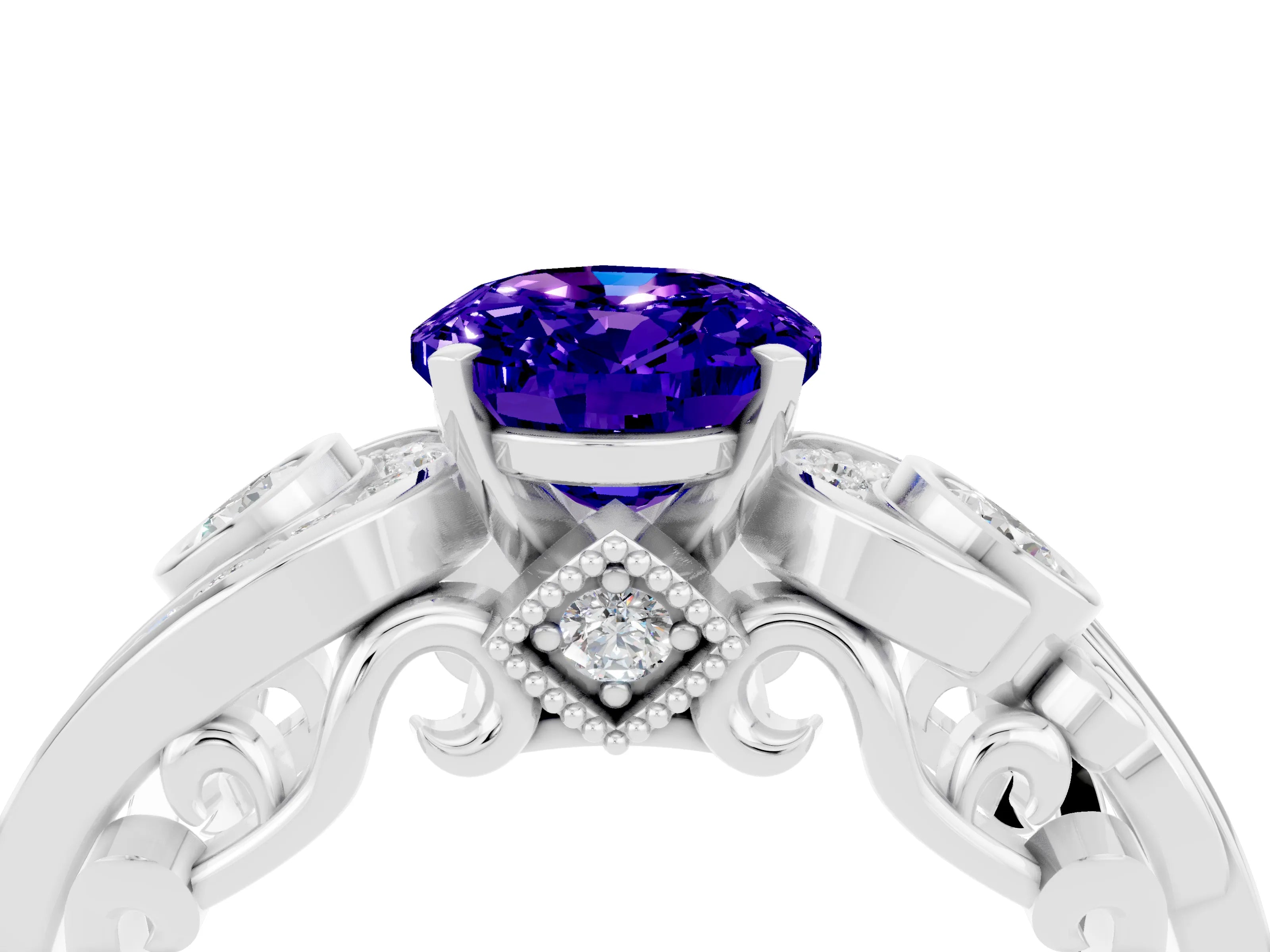 White gold Oval Cut Tanzanite Solitaire Ring with Milgrain Pavé Band and Four-Prong Setting_52