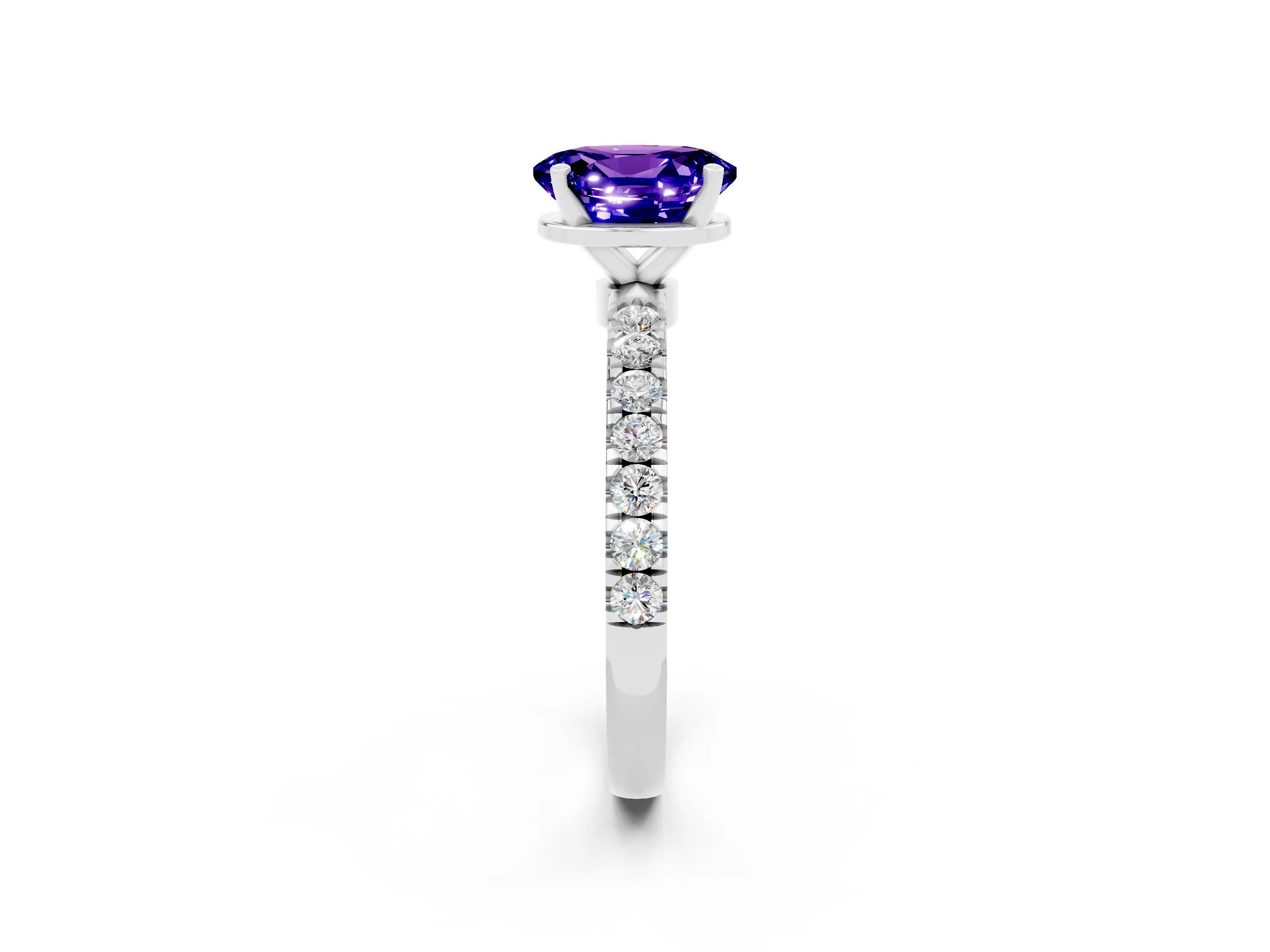 White gold Oval Cut Tanzanite Solitaire Ring with Pavé Accents and Four-Prong Setting_2