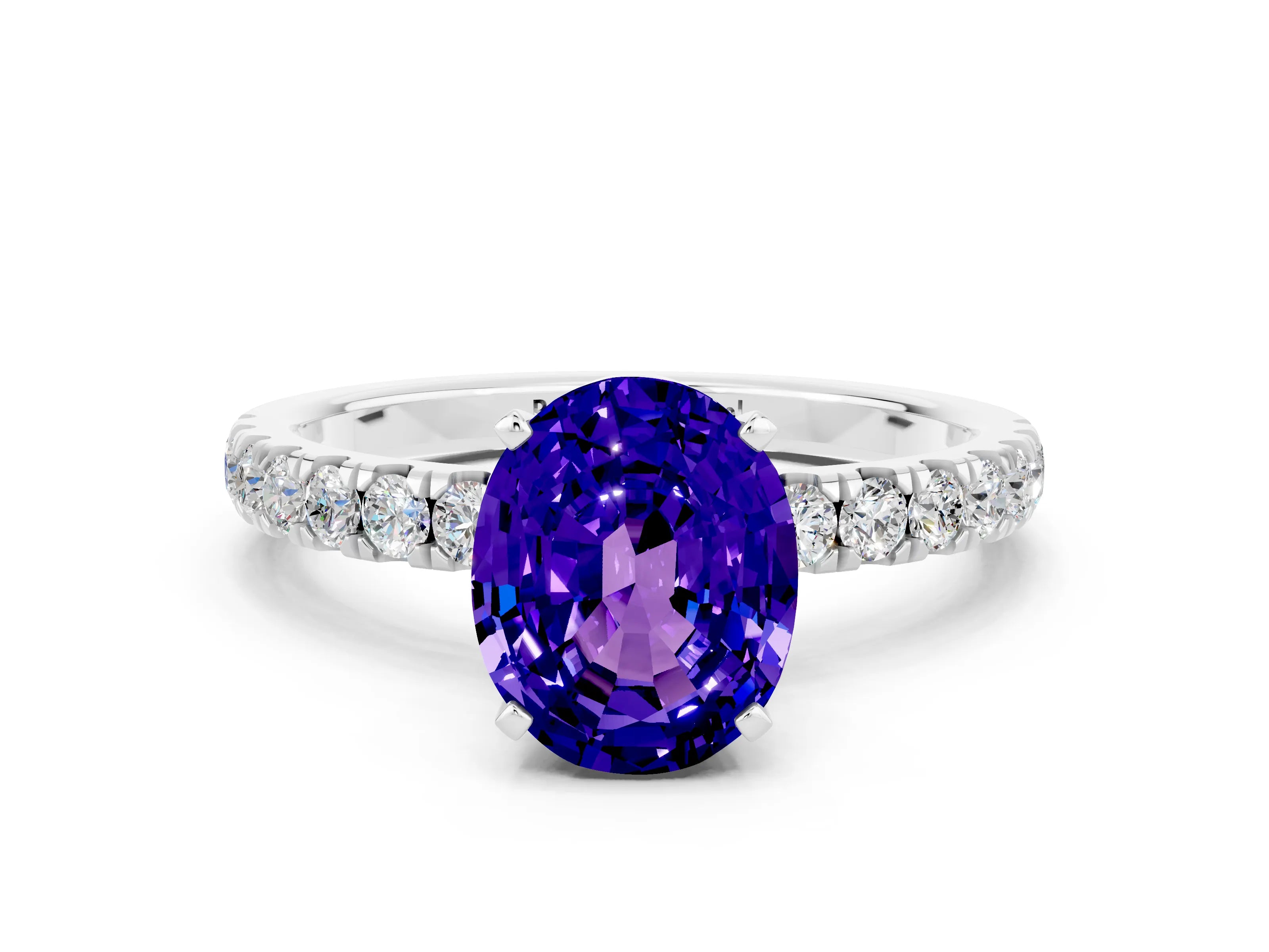 White gold Oval Cut Tanzanite Solitaire Ring with Pavé Accents and Four-Prong Setting