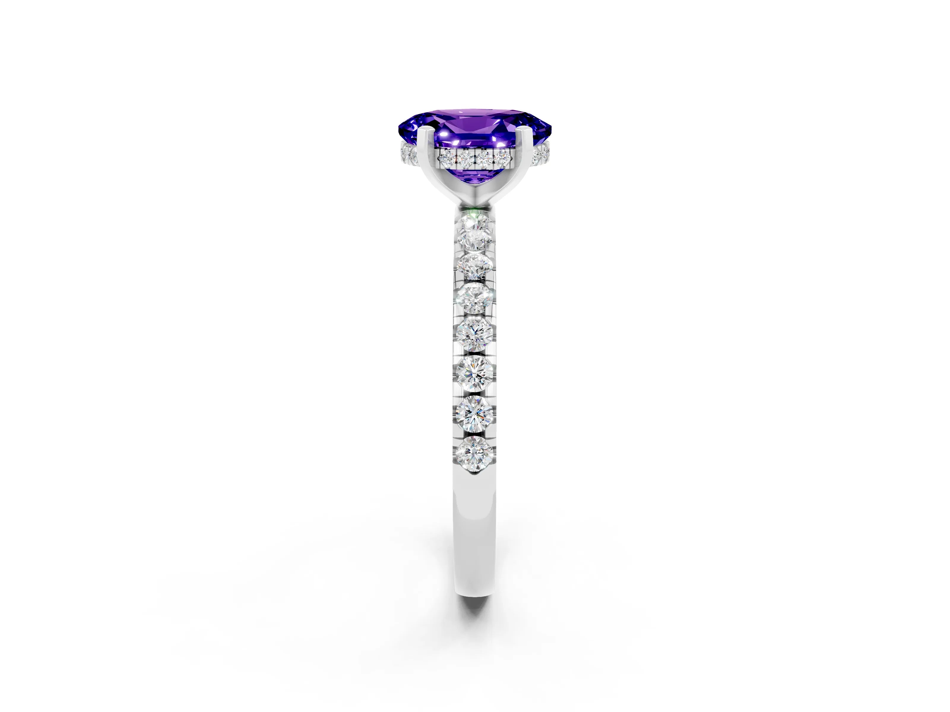 White gold Oval Cut Tanzanite Solitaire Ring with Pavé Band and Four-Prong Setting_26