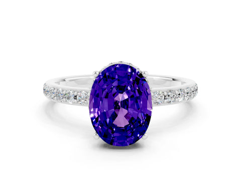 White gold Oval Cut Tanzanite Solitaire Ring with Pavé Band and Hidden Halo_12