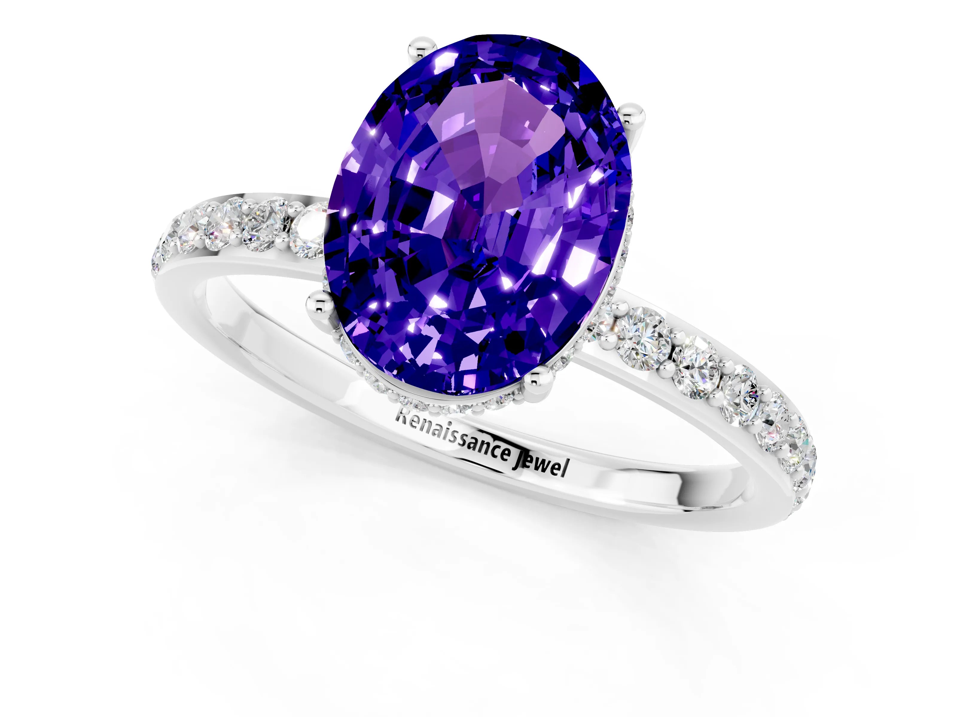 White gold Oval Cut Tanzanite Solitaire Ring with Pavé Band and Hidden Halo_1