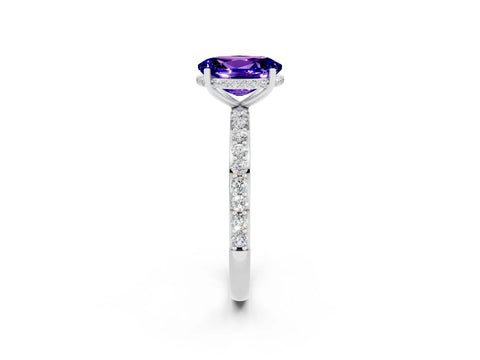 White gold Oval Cut Tanzanite Solitaire Ring with Pavé Band and Hidden Halo_2