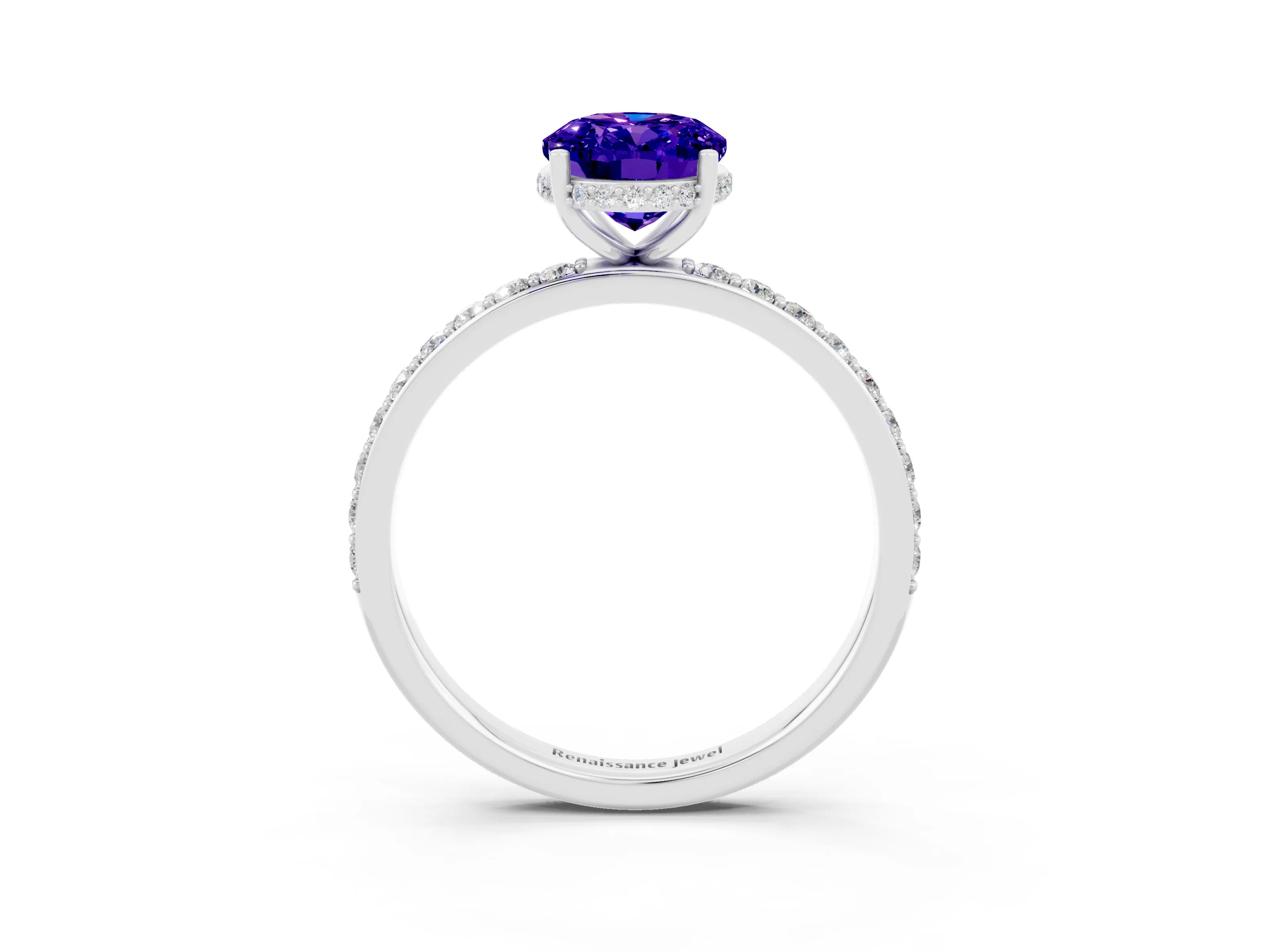 White gold Oval Cut Tanzanite Solitaire Ring with Pavé Band and Hidden Halo_3
