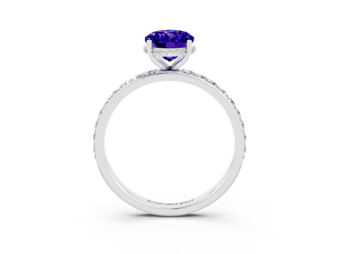 White gold Oval Cut Tanzanite Solitaire Ring with Pavé Band and Hidden Halo_3