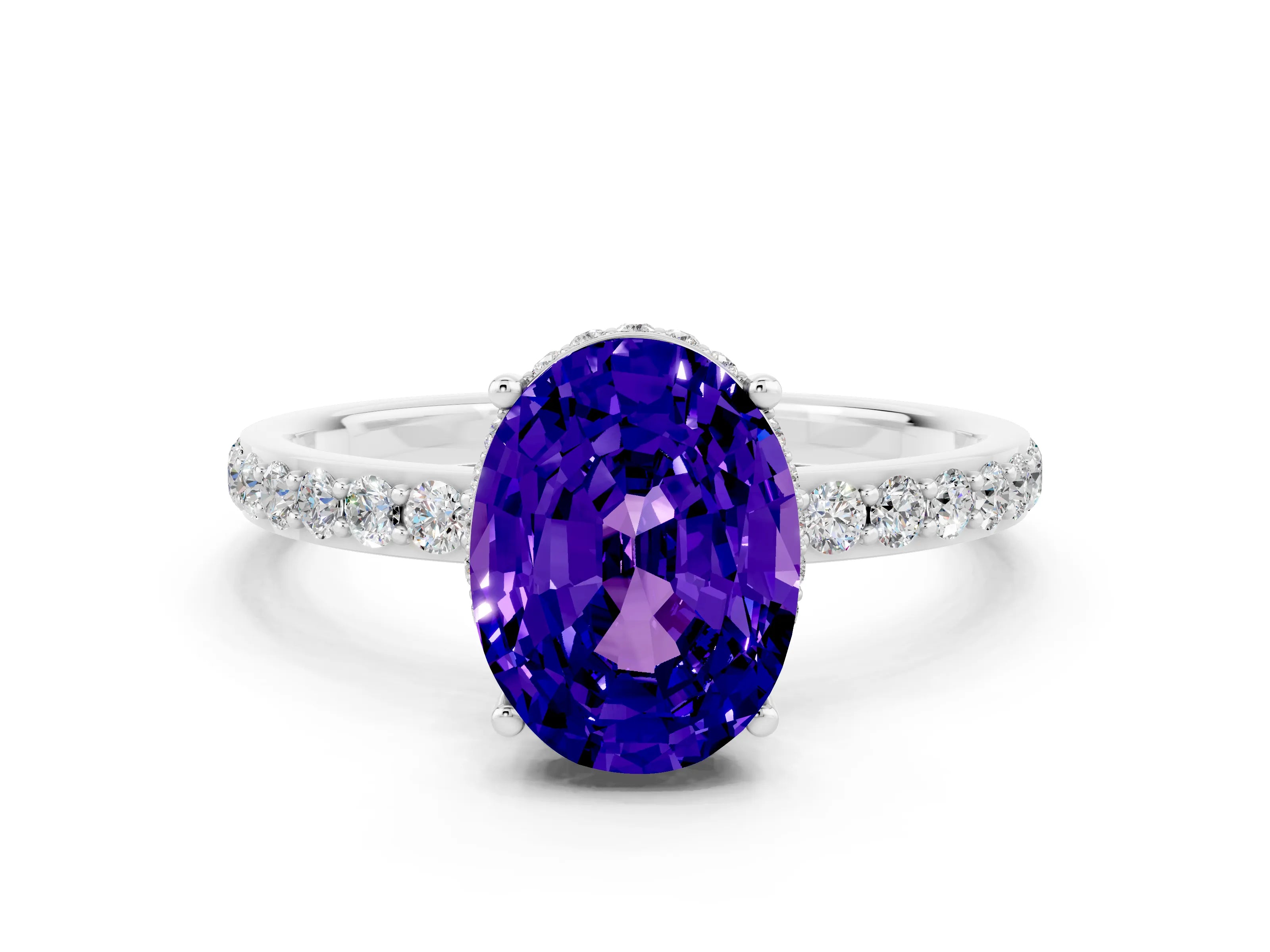 White gold Oval Cut Tanzanite Solitaire Ring with Pavé Band and Hidden Halo